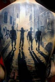 posteriore cool mob in bianco e nero e modello di tatuaggio città notturna