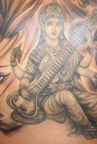 back Religious girl musician tattoo pattern