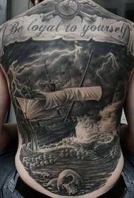 indietro tema nautico bianco e nero vela teschio e lettera modello tatuaggio