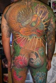 full back colored snake king and floral tattoo pattern