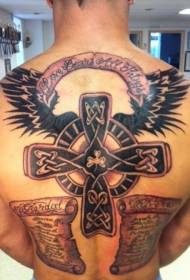 Espalda alas de estilo celta cruz y patrón de tatuaje de inscripción