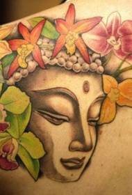 Обратно изображение на Буда с шарка на цветни татуировки на цветя