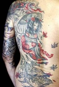 motif de tatouage dos geisha japonaise gris et rouge