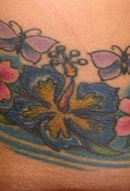 허리 블루 큰 꽃과 나비 문신 패턴