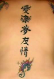 back China Wind caracteres chineses com pequenas flores coloridas tatuagem padrão