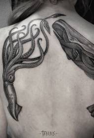 задній чорний малюнок татуювання кальмарів і китів