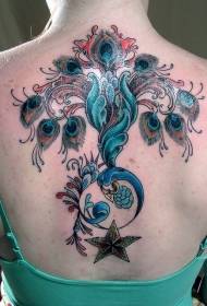terug prachtige kleurrijke pauwenveer sterren tattoo patroon