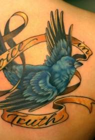 back blue swallow and letter tattoo pattern