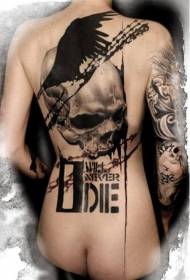 back interesting mysterious letters and Raven skull black and white tattoo pattern