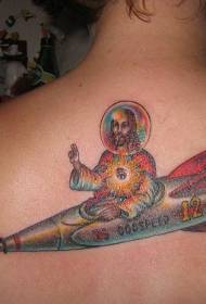 Back color fantasy jesus sitting on a spaceship tattoo pattern