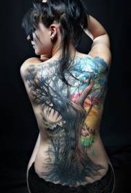 женски гръб сладък цвят голямо дърво модел татуировка