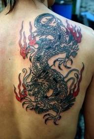 back Chinese style dragon flame tattoo pattern