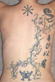 costas preto videira caráter chinês borboleta tatuagem padrão