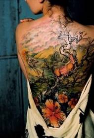 back graceful flower tree landscape tattoo pattern