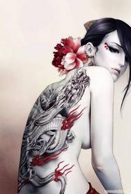 betoverende charmante vrouwelijke back fire dragon tattoo foto