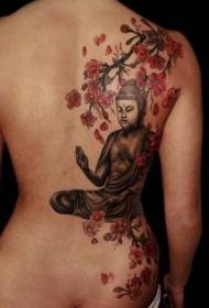 Takaisin Buddhan patsaan ja kukkapuun tatuointikuvio