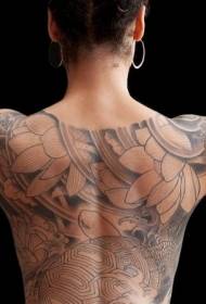 back cute Japanese lotus black gray tattoo pattern