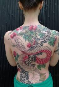 terug prachtige kleurrijke grote slang en appelboom tattoo patroon