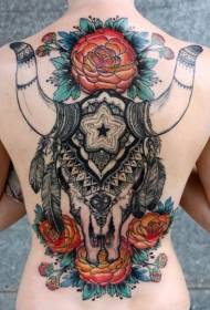 retro teschio di toro gigante con motivo tatuaggio fiore di piume