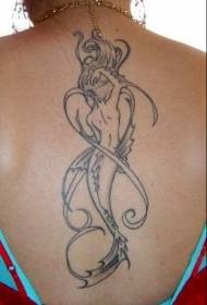 schiena elegante linea nera tatuaggio a sirena