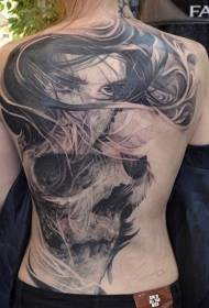 Назад унікальний чорний череп з жіночим портретом татуювання візерунком