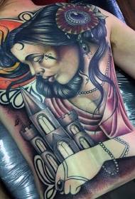 gorgeous cute woman with Castle back tattoo pattern