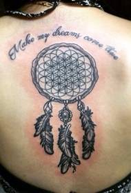 de volta Catcher de soños de vida en branco e negro con patrón de tatuaxe de letras