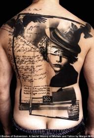 back magical art style black and white woman letters and crow tattoo pattern