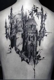 背部黑白幻想城堡纹身图案