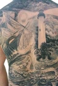 Назад на прекрасниот црно-бел едриличар со шема на тетоважа на лигњи и светилници