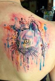 背部女孩水彩风格的猫纹身图案