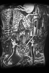 modello di tatuaggio di drago e drago del mondo fantasy in bianco e nero simile a un cartone animato
