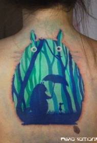 back cartoon totoro with umbrella and little girl color Tattoo pattern