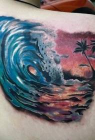 onde colorate sul retro con motivo tatuaggio palma