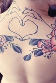 back colored flowers with heart-shaped hand tattoo pattern