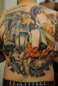 späť farebný javorový list a žena pištole tetovanie vzor