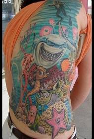 Esquena divertit patró de tatuatge de dibuixos animats al món submarí