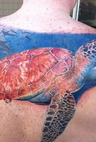 大きな亀と水中世界のタトゥーパターンの現実的なスタイルをバックアップします。