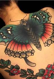 gėlių ir didžiojo drugelio kombinuota nugaros tatuiruotė
