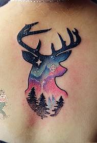 fermosa beleza na parte traseira da colorida tatuaxe da cabeza dos cervos