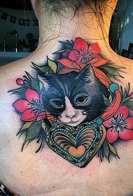 love cat and flower combined back tattoo pattern
