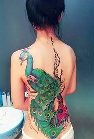 tjej tillbaka stolt påfågel tatuering mönster