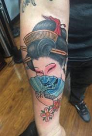 Bahan tato lengan, lengan pria, geisha dan gambar tato prajna menjahit