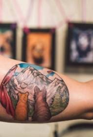 Tatuaggi dipinti, braccio maschile, immagini di tatuaggi di animali e paesaggi