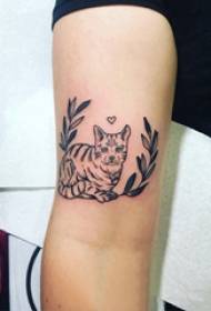 Ruka djevojčice male tetovaže na biljci i slici tetovaže mačke