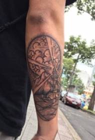 Tattoo lighthouse male student arm on black gray tattoo lighthouse pattern