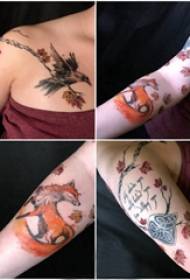 Рука девушки татуировки кленового листа на кленовом листе и картина татуировки животного