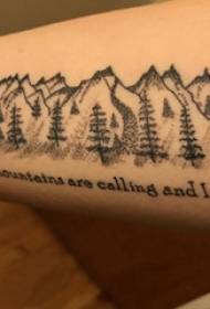 Bahan tato lengan, lengan pria, gambar pohon besar dan tato gunung