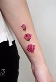 Maža šviežių augalų tatuiruočių mergina su spalvota rožių tatuiruotės nuotrauka ant rankos