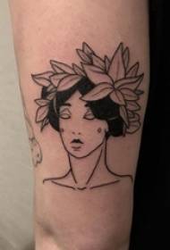Minimalistisk linje tatovering, mandlig arm, plante og karakter tatovering billede